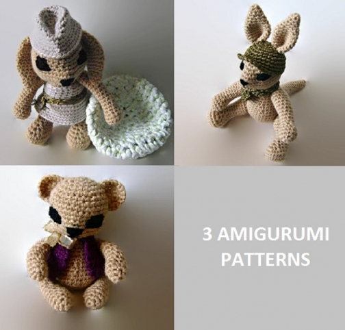 3 PDF Crochet Patterns (Bunny Rabbit, Teddy Bear, Kangaroo Max) by isWoolish