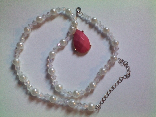 Pearls and Aurora Beaded Necklace with Pink Teardrop from Dawn's Creations on iCraft