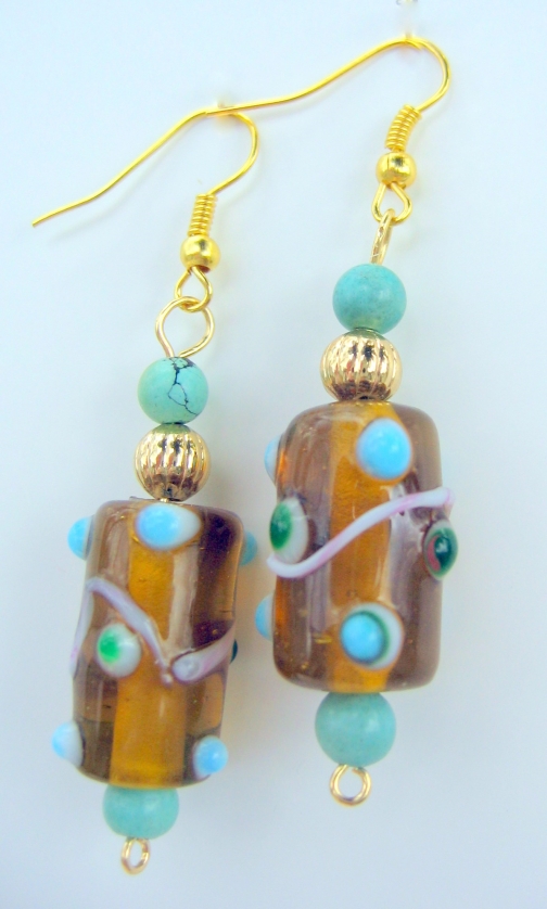 Golden Lampwork Beads and Turquoise Dangle Earrings.